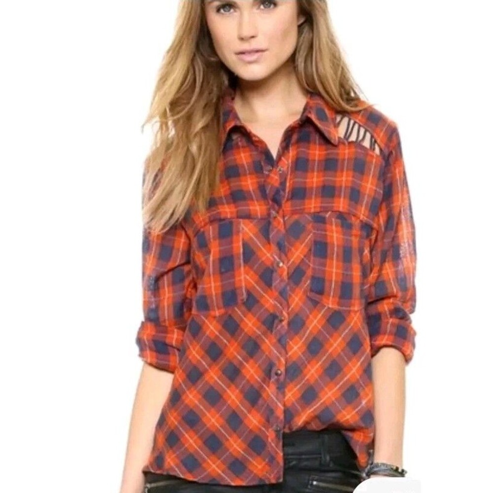 Free People Multicolored Plaid Laced Shoulders Gauzy Snap Down Shirt Size S EUC